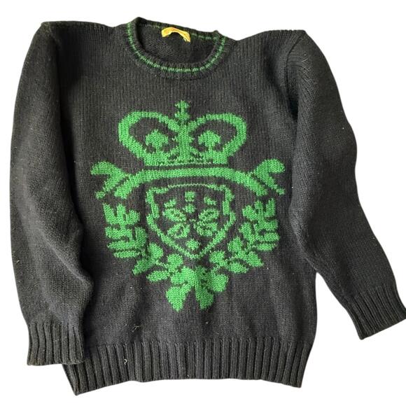 Lauren Black Wool Sweater Green Crown Crest Logo Knit Vintage Japan M - Picture 1 of 5